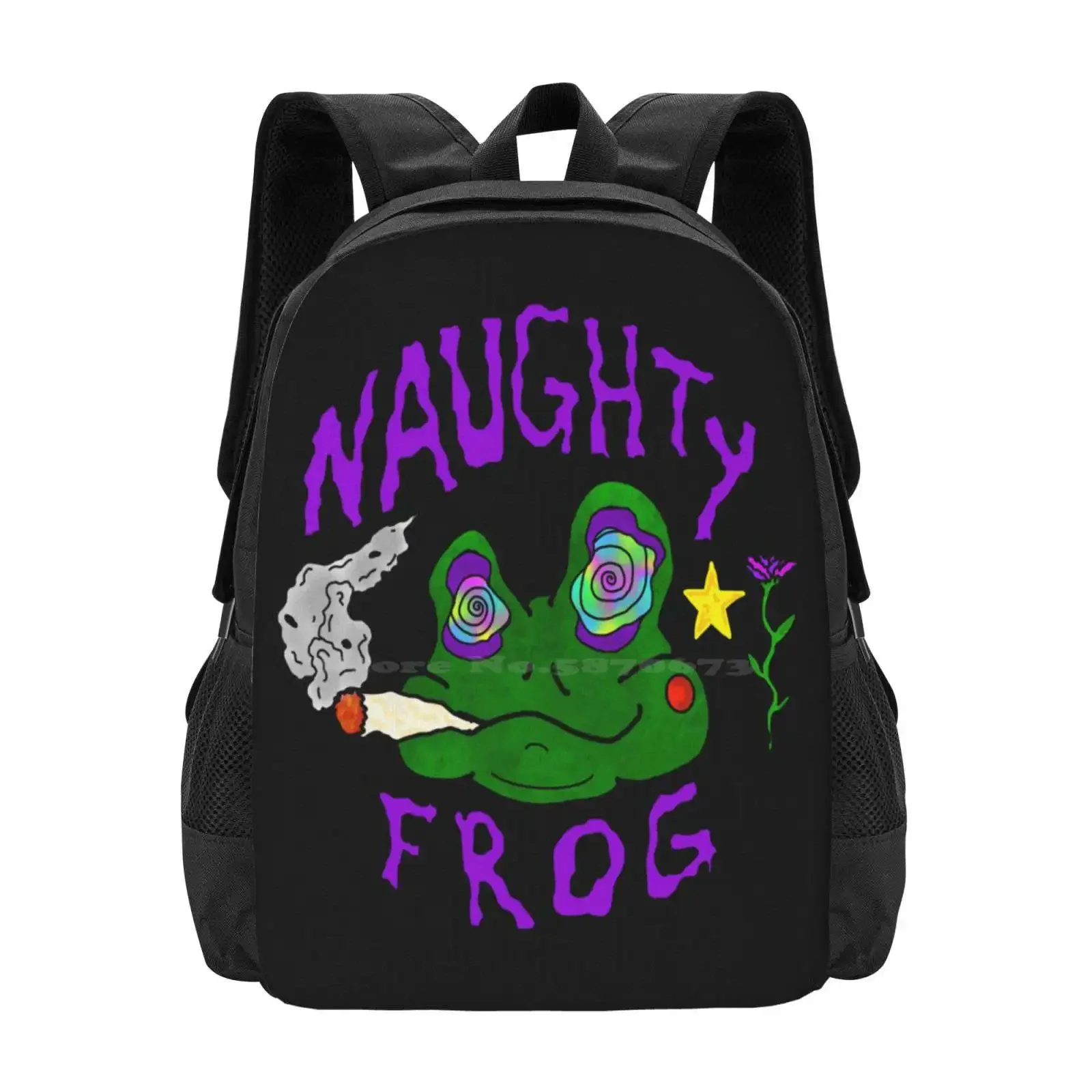 

Naughty Frog Logo 1 Hot Sale Schoolbag Backpack Fashion Bags Naughty Frog Band Music Trippy Psychedelic Purple Green Frogs Smoke