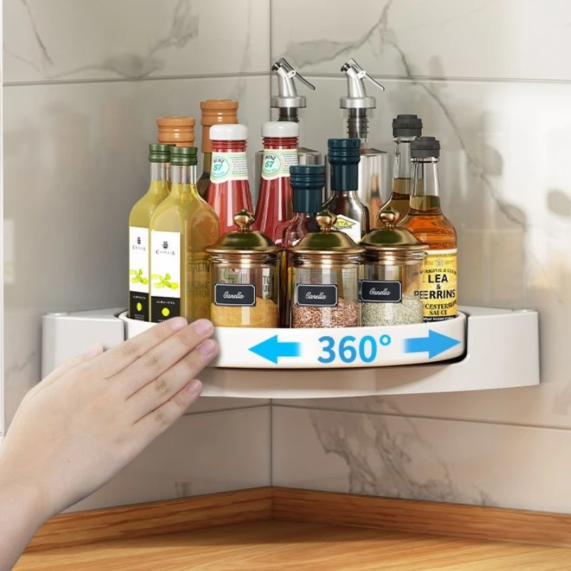 Storage Shelves Corner Rack Rotatable Multifunctional Wall-mounted Bathroom Kitchen Condiment Portable Storage Rack Space-saving