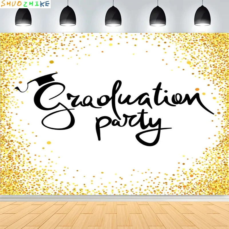 

Black Gold Graduation Background Grad Ceremony Party Decorations Bachelor Hat Glitter Balloons Class Photography Backdrops JM-04