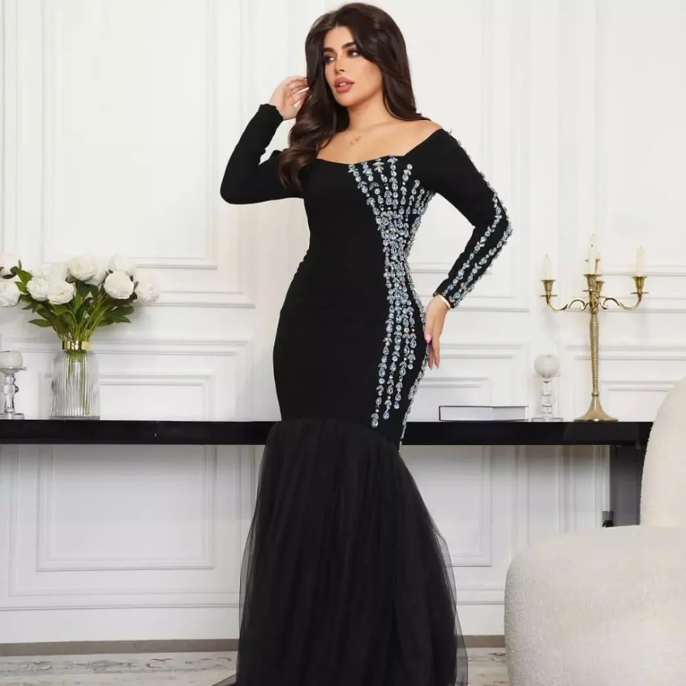 Robe de Soirée Longue en Jersey, Drapée et Perlée, Personnalisée, Ligne A, Épaules Dénudées, sur Mesure, Arabie Saoudite