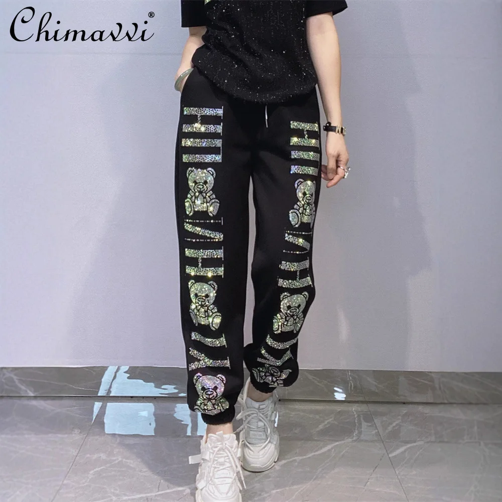 

Осенние новые модные спортивные штаны для бега с эластичной резинкой на талии для женщин, свободные повседневные спортивные штаны в европейском стиле со стразами