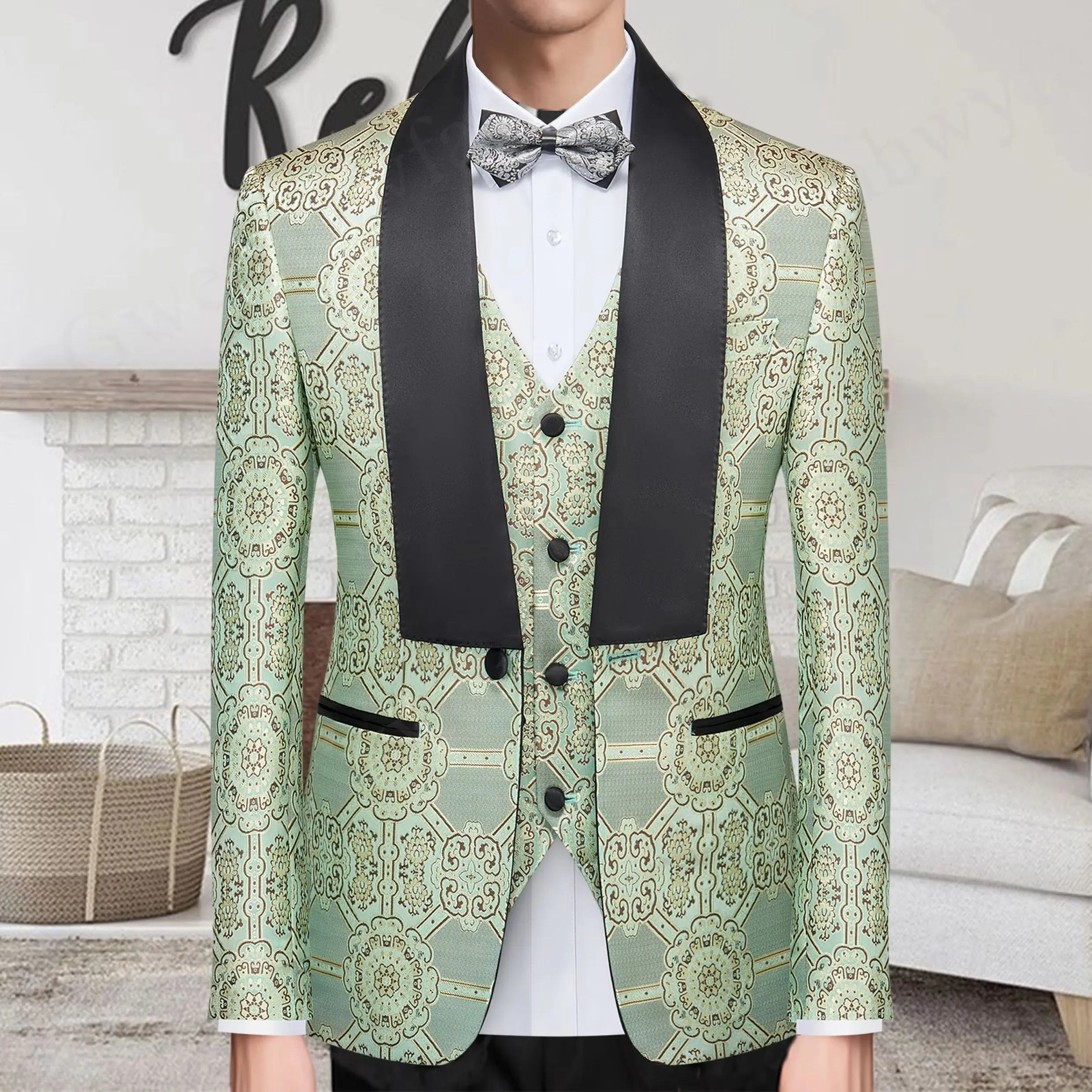 

Gwenhwyfar Light Green Vintage Pattern Fabric Men Slim Business Casual Suits Dress 3-Pieces Set Jacket Pants Vest Wedding Groom