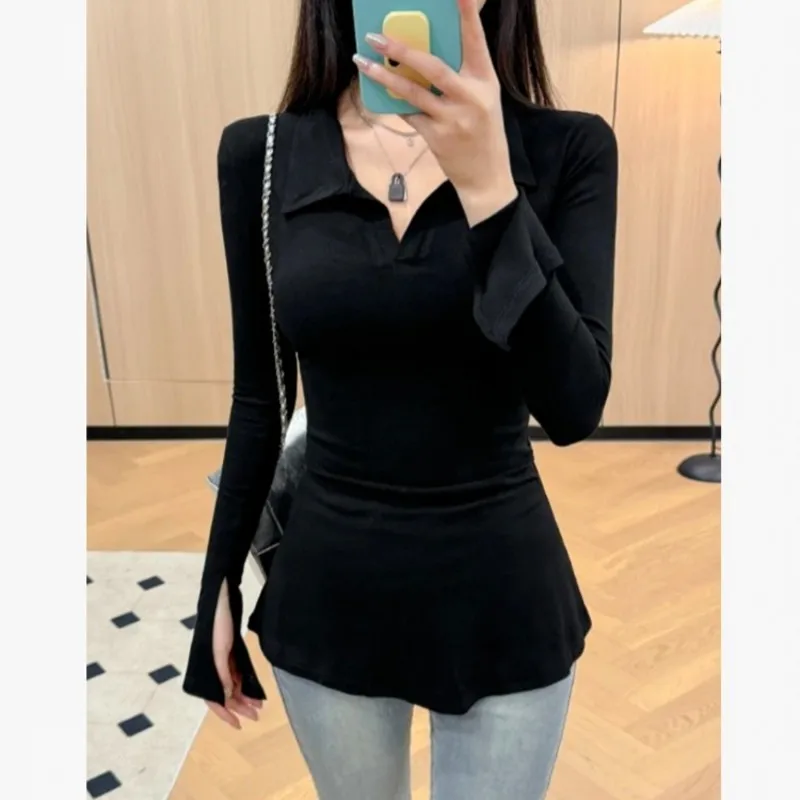 

2025 Versatile Casual Top Solid Color Long Sleeve T-Shirt Women's Autumn Ribbed Knitted Polo Neck Slim Fit Base Shirt