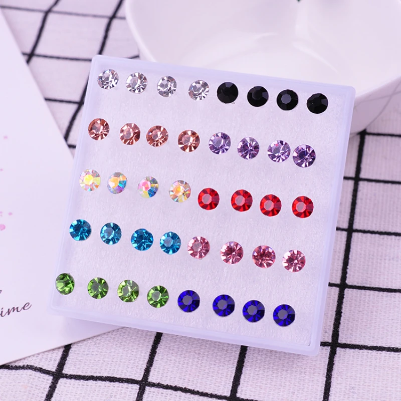 2/3/4/5/6mm Multi-Color Stone Crystal Plastic Avoid Allergy Pin Rhinestones Stud Earrings Set For Women Girls Jewelry Wholesale