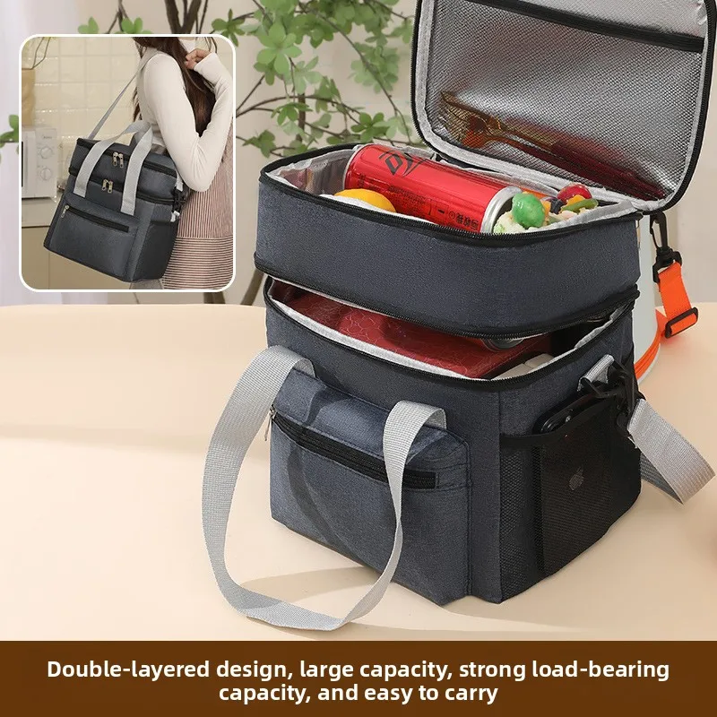 Double-layer insulated lunch bag, large capacity, suitable for office workers, students, and outdoor picnics