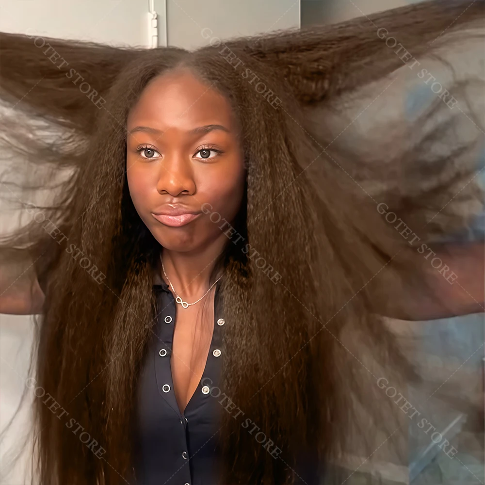 

Chocolate Brown Wig Kinky Straight Human Hair Curly Wigs 0.10mm Ultra-thin13x6 Hd Lace Frontal Wig Brazilian Wigs Pre Bleached