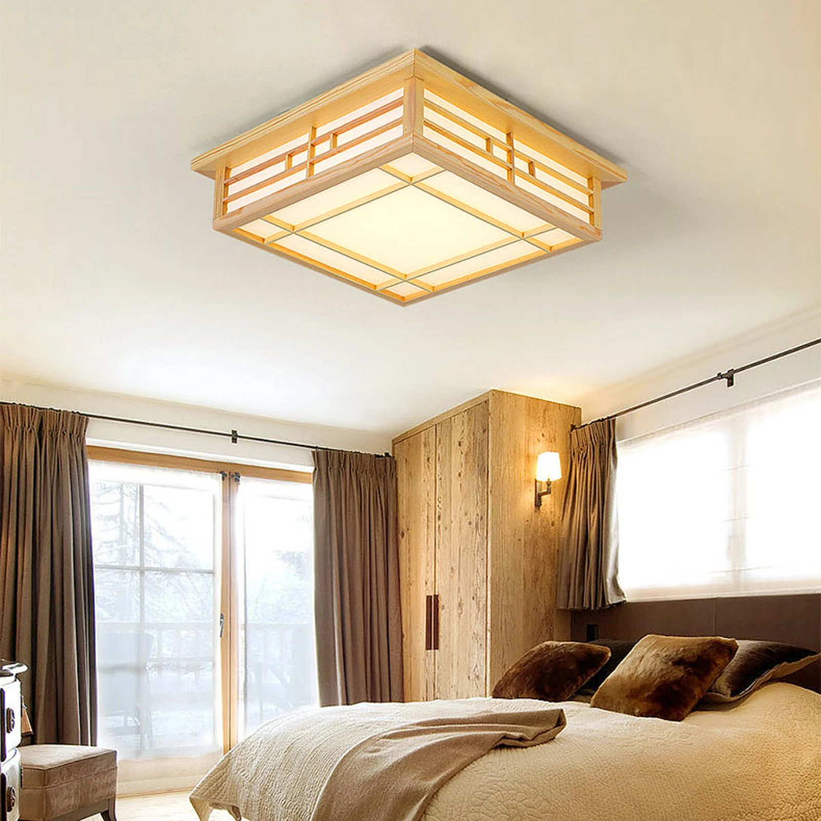 Lámpara de techo de estilo japonés, luz LED de madera maciza de montaje empotrado con Control remoto para dormitorio y sala de estar