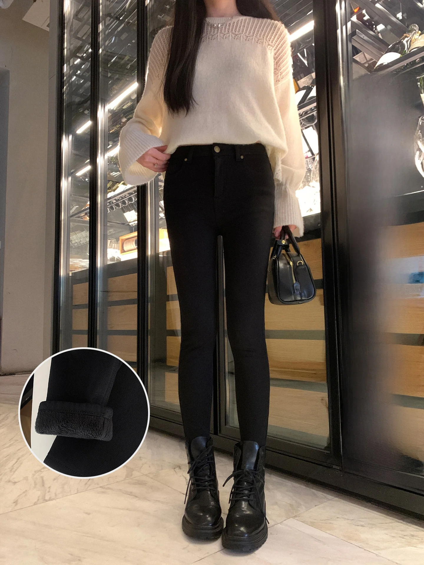 

Утепленные джинсы с флисовой подкладкой, женские, с высокой талией, из жесткого денима, средней эластичности, для осени и зимы, повседневные, однотонные