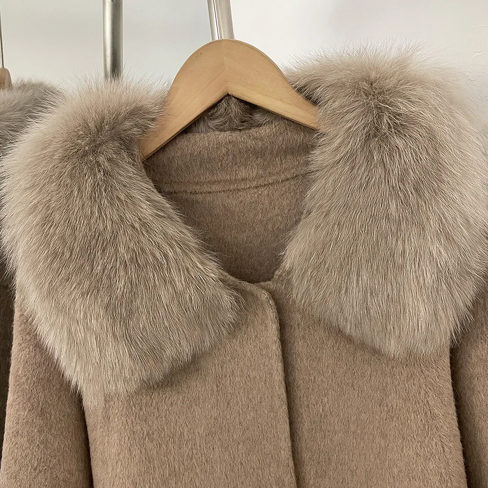 OFTBUY Neue Winter-Wollkleidung für Damen, Cape-Stil, 100% reine Wolle, kurzer Mantel, Damen-Oversize mit echtem Fuchspelzkragen, Oberbekleidung – Detail 4