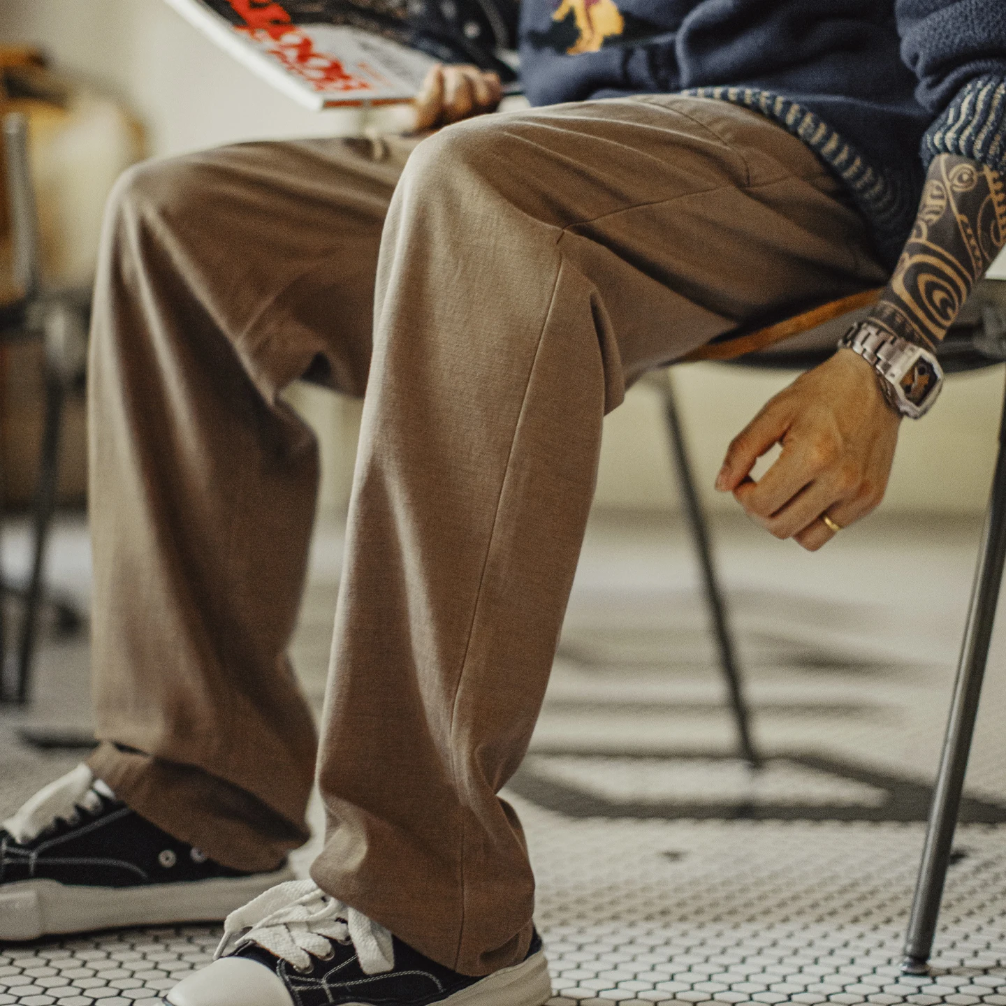 

Винтажные мужские свободные повседневные брюки Maden, прямые брюки с бахромой и эластичной резинкой на талии, Chill, брюки для весенне-осенних поездок на работу