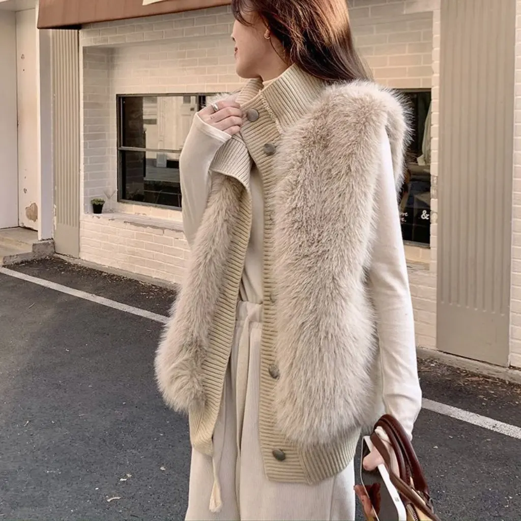 

Women's Korean Style Stand Collar Faux Mink Velvet Sleeveless Cardigan Elegant Loose Knitted Sweater for Autumn Winter