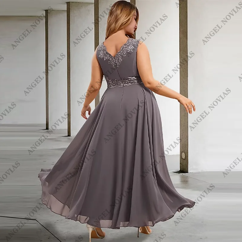 Personalizado duas peças a linha casamento convidado mãe da noiva vestidos vestido formal decote em v chiffon comprimento do chá com apliques