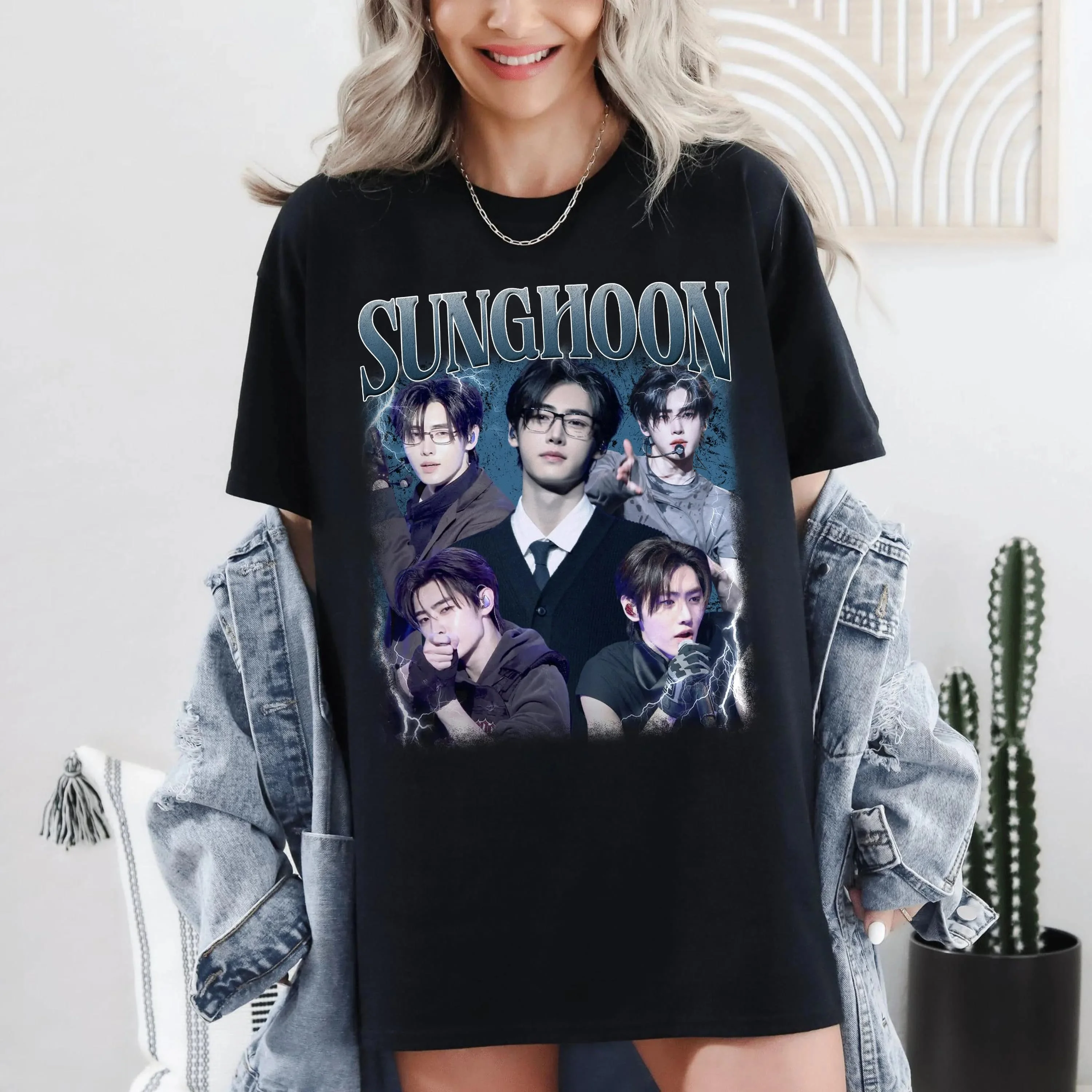 

ENHYPEN Sunghoon Vintage 90s Bootleg Graphic T-Shirt, Kpop Retro Lightning Print Tee, Park Sunghoon Streetwear Unisex Oversized Cotton Tops, ENGENE Fans Casual Short Sleeve Tshirt