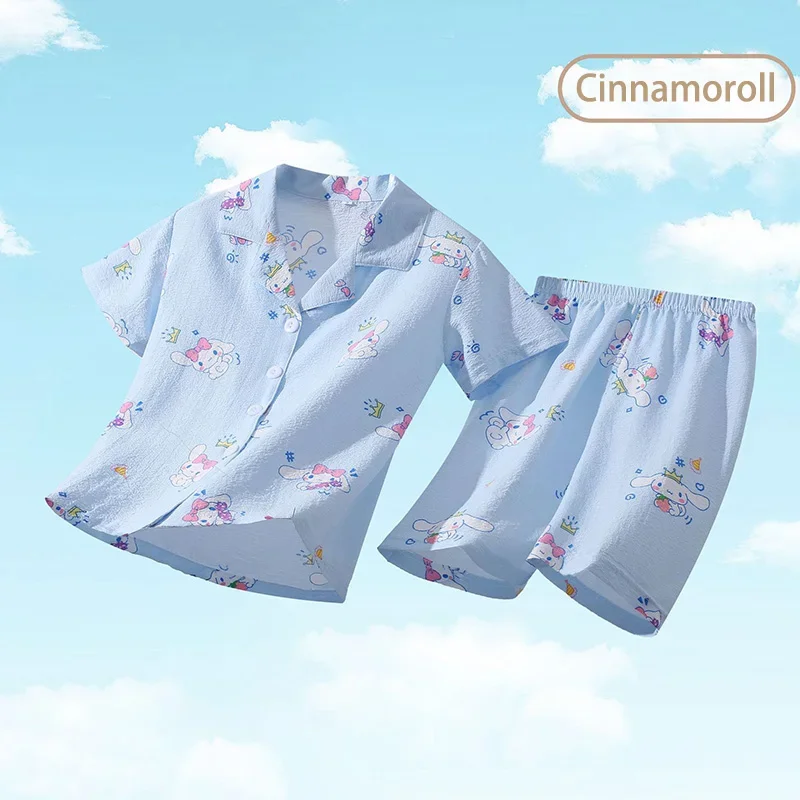 Summer Children\'s Pajamas Sets Cute Anime Kuromi Cinnamoroll My Melody Kids Short Sleeve Sleepwear Girls Boys Cardigan Homewear