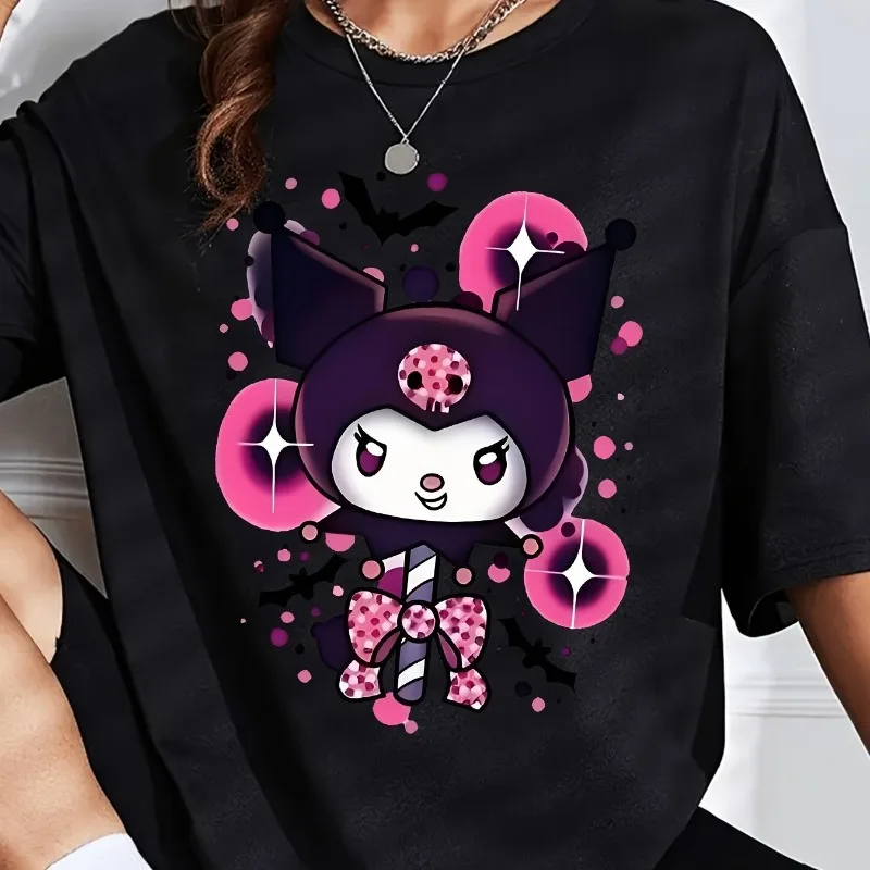 

2025 New Cute Korean Kuromi Dark Short Sleeved Women's College Style T-shirt Summer Plus Size Fashionable Loose Casual Top
