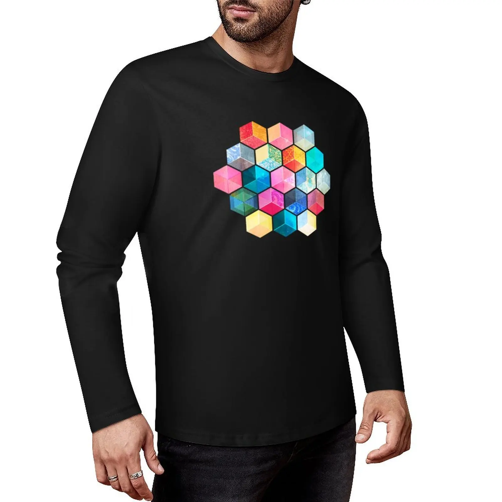 Crystal Bohemian Honeycomb Cubes - colorful hexagon pattern Long T-Shirt blank t shirts aesthetic clothes mens t shirt graphic