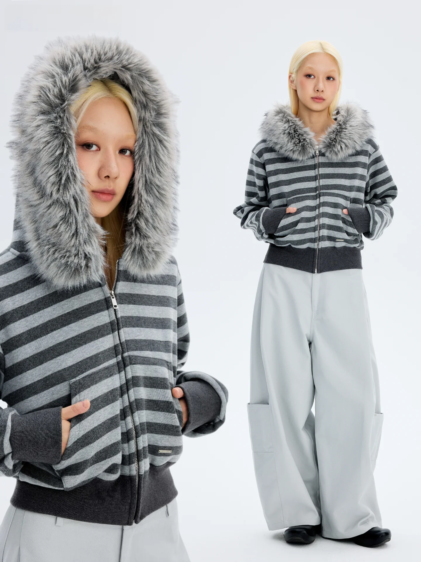 

HORAHORA Casual Hooded Zipper Fce Lined Wide Stripe Large Fur Collar ort Sweatirt Deep ey Women's Faion