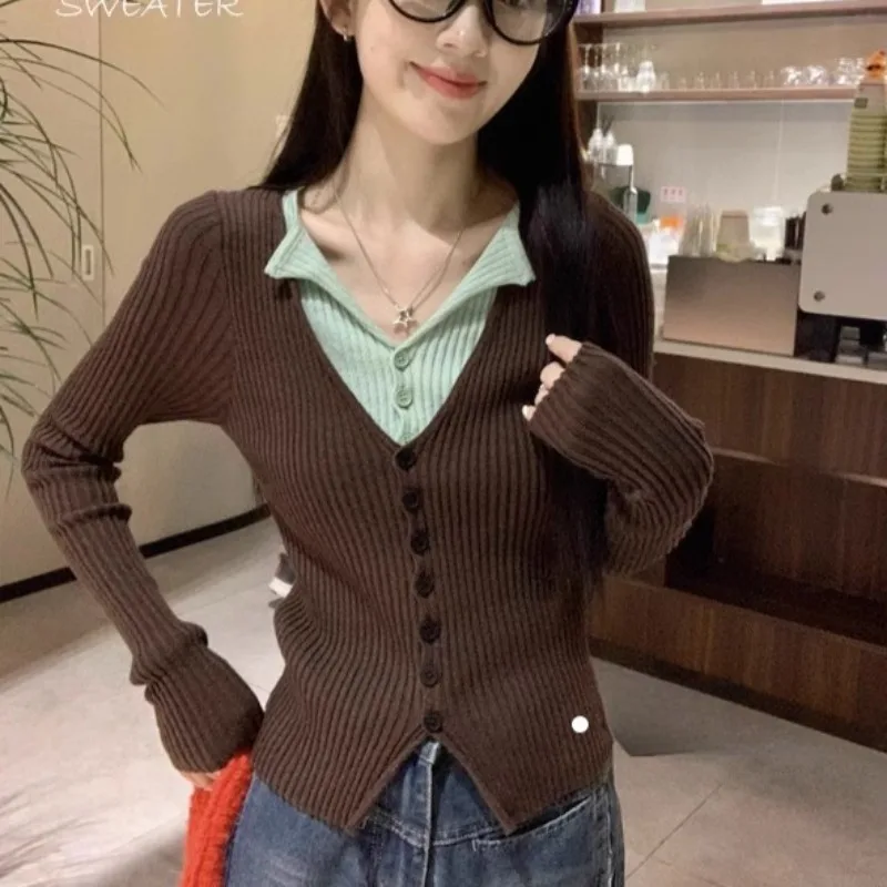 Women Cardigan Women Fake Two Pieces Button-up Vintage Slim Casual Tops Girls Autumn Classic Aesthetic Daily Slouchy Soft Chic