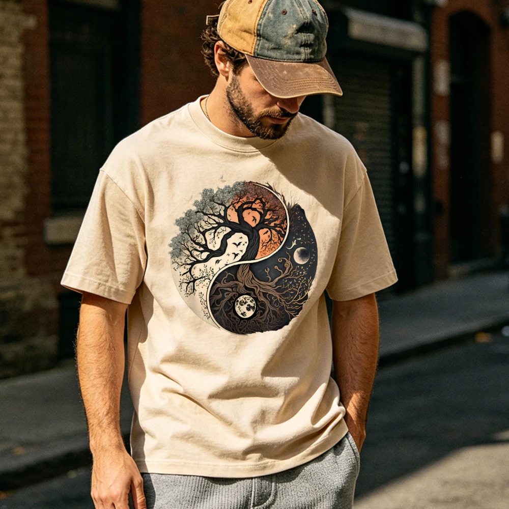 Harmonious Tees Tree of Life Yin Yang Black T-Shirt Classic Fit Adult Yoga Men O-neck Short Sleeve Graphic T Shirts