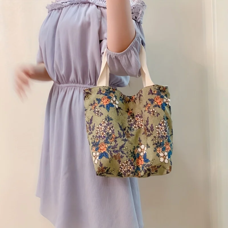 Damen- und Mädchen-Arbeitstasche aus Cord, Alltagstasche mit kleinen grünen Blumen, blaue Gänseblümchen aus Cord, tragbare rote Rosen-Tasche aus Cord – Detail 3