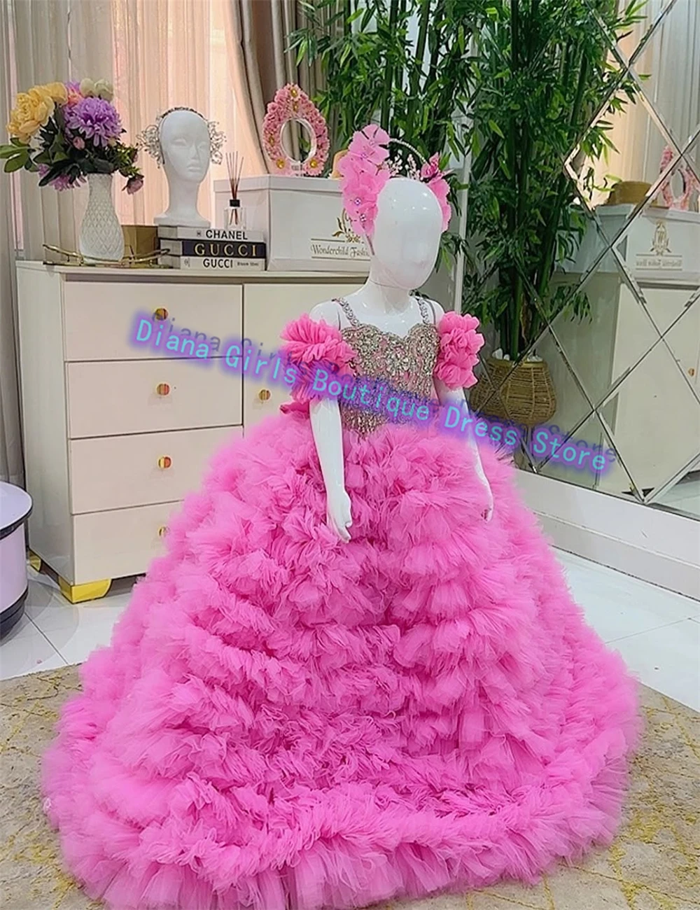 Quality Flower Girl Dress Pink Tulle Fluffy Luxury Gold Applique Little Princess Kids Birthday Party  Evening Gowns Customise