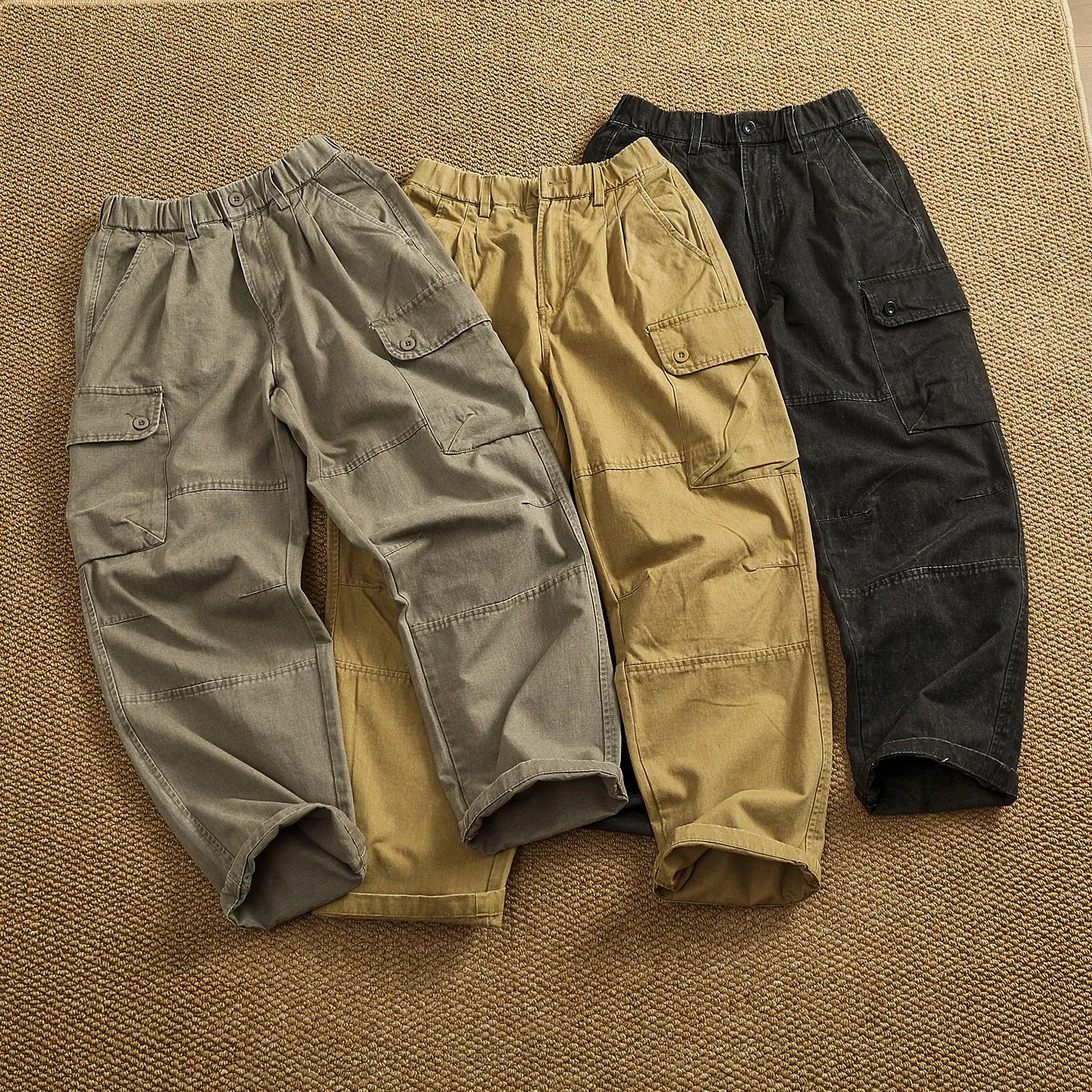 

100% cotton heavy duty multi-pocket trousers distressed washed wide-leg overalls men's loose drawstring scimitar pants