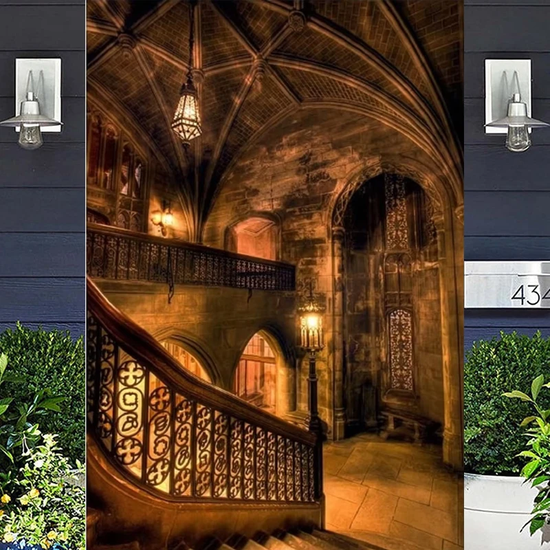Photography Backdrop Medieval Castle Interior Old Stairway Dim Light Architecture Pillars Background Portrait Shooting Poster
