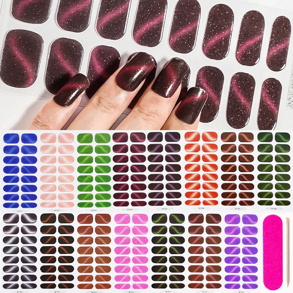 16 Tips Cat Eyes Glitter Full Cover Wraps French Patch UV Lamp Semi-Cured Gel Nail Sticker Waterproof DIY Manicure Nail Decal