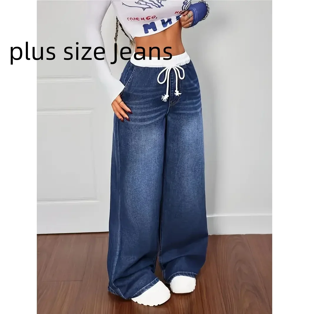 Plus Size Women's Jeans Elastic Drawstring Waist Casual Fashion Wide Leg Pants Suitable for Travel And Street Style