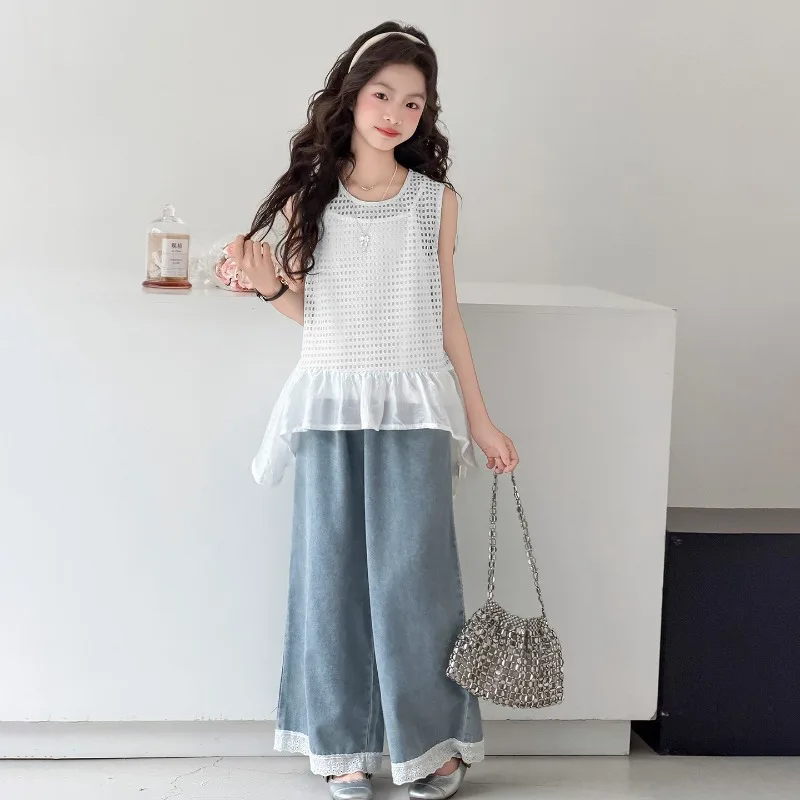 Girls Three Piece Set Summer Spaghetti Strap Tops with Sleeveless Hollow Out Vest and Wide Leg Jeans for Children 19.5-57.5kg