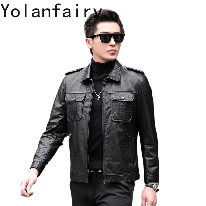 

YOLANFAIRY 2025 Autumn New Oil-wax Cowhide Genuine Leather Jacket Man Short Fashionable Casual Leather Coat Lapel Men's Workwear