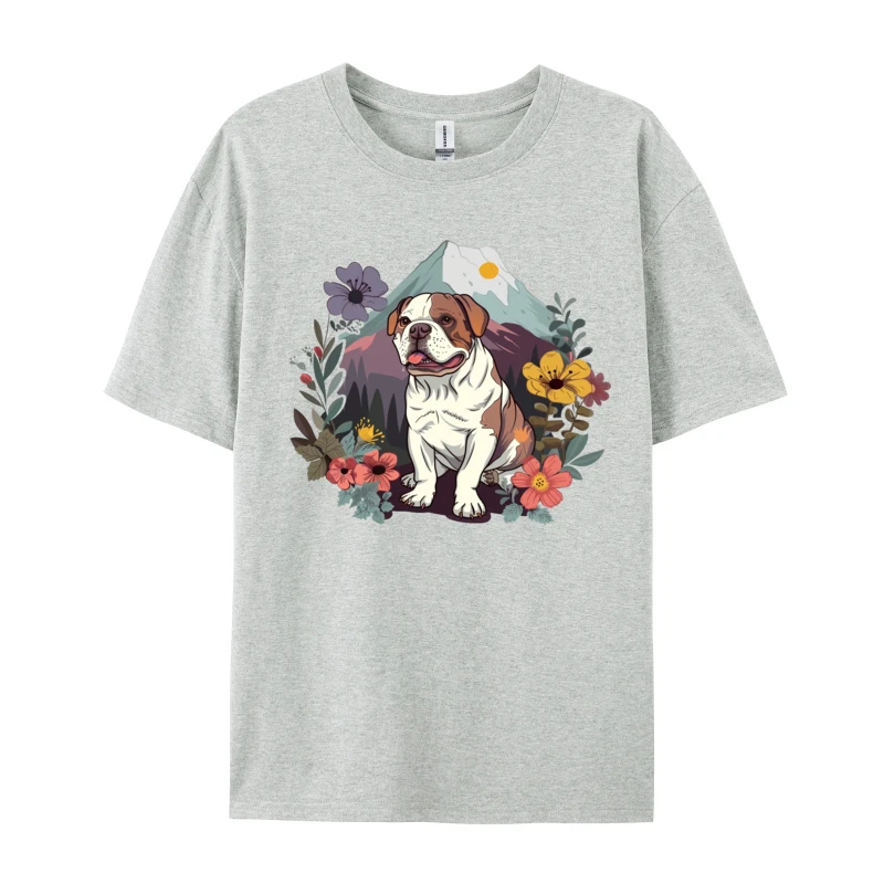 Cute American Bulldog Mountain Flowers T-Shirt Casual Summer Cotton O-Neck Men Tops Tees Comfortable T-shirts Latest Tshirts