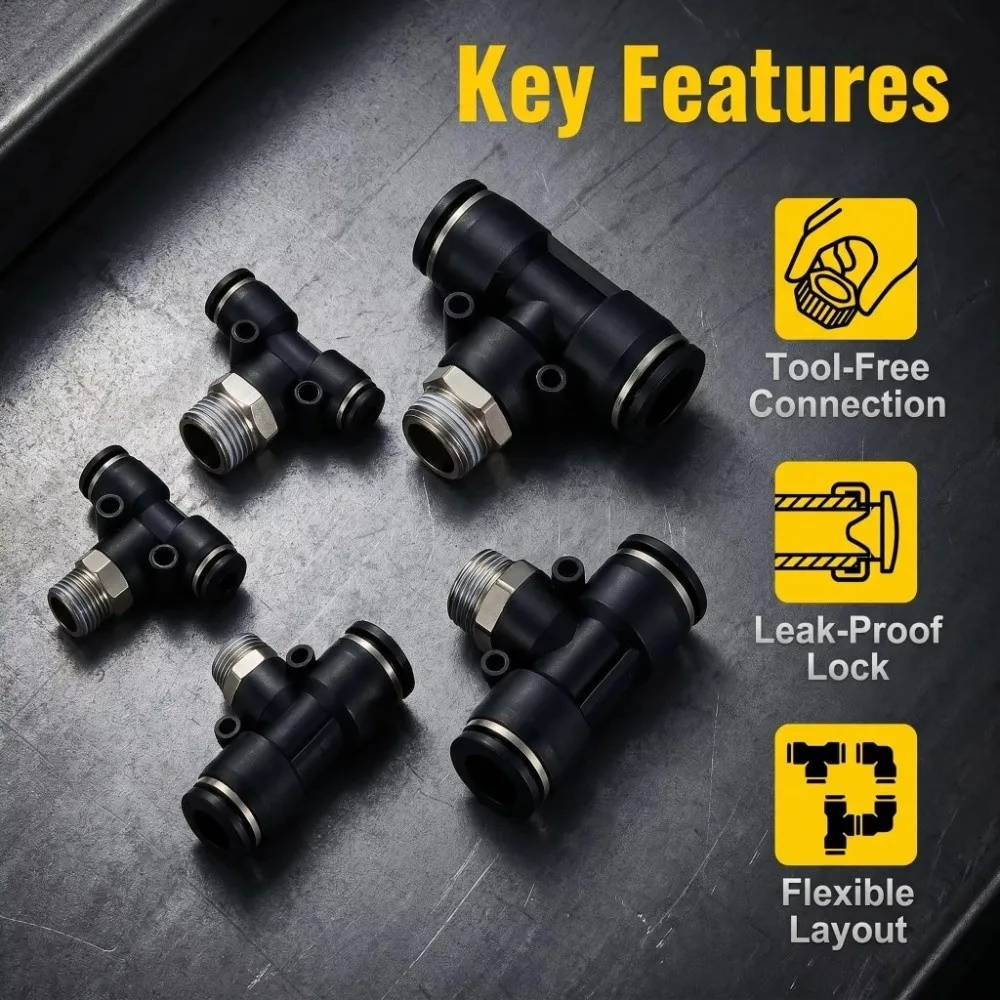 T Shape Air Hose Connector Male Threaded Port Leak Resistant Push To Connect Fitting Versatile 4-6mm Tube Three Way Air Fitting