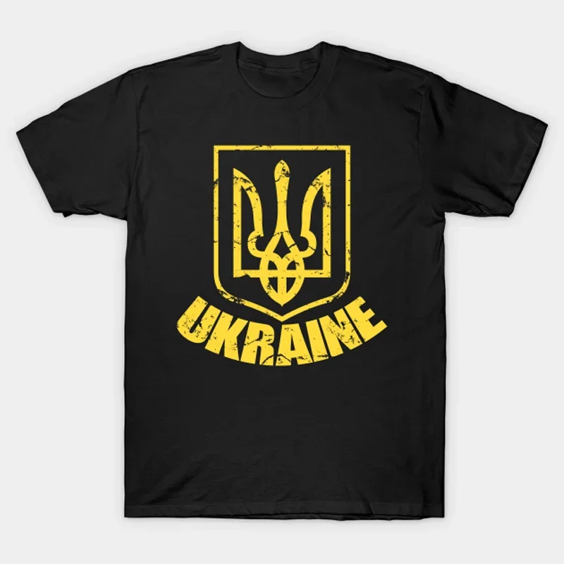 Distressed Ukraine Coat of Arms Trident Symbol T-Shirt 100% Cotton O-Neck Short Sleeve Summer Casual Mens T-shirt Streetwear