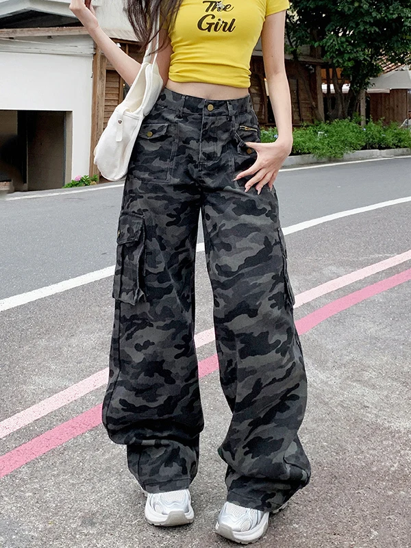

Faionable Camouflage Workwear Design Multi-ket Denim Wide Leg Pants High Street Sle Women's Trendy Autumn New Arrivals