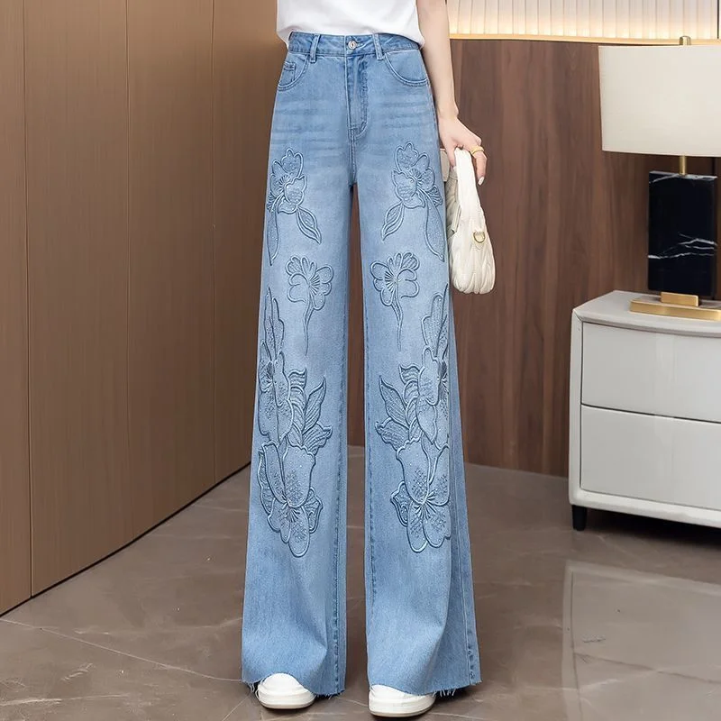

2025 Spring Autumn Tencel Embroidered Wide-Leg Jeans Women New High Waist Denim Trousers Loose Rhinestone Straight Pants Cowgirl