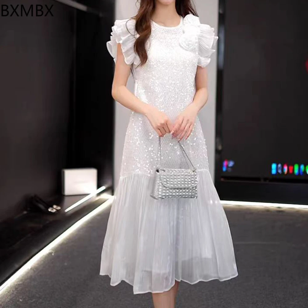 

French Haute Feifei Sleeve Fake Two Pieces Skinny 2025 Lace Princess Three-dimensional Flower Skirt Dress