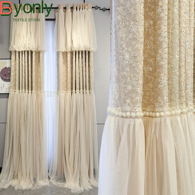 Customized Princess Style Cream Beige Lace Patched Curtains for Living Room Bedroom French Window Floating Window Balcony