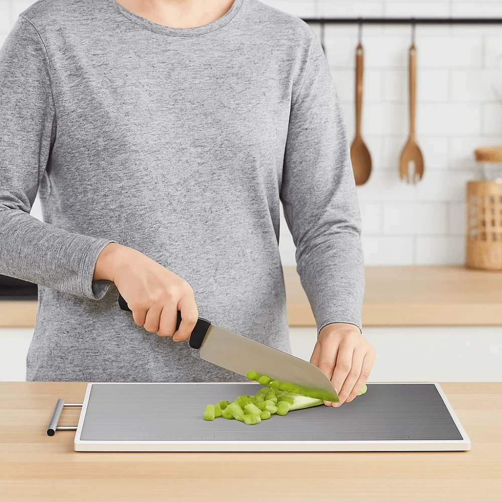 

Антибактериальная двухсторонняя разделочная доска Противоскользящая с ручкой Разделочная доска из нержавеющей стали Многофункциональная антипригарная доска