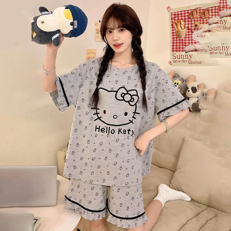 

Пижамы Hello Kitty большого размера, женские летние шорты с короткими рукавами, комплект из двух предметов, милая одежда для дома в стиле аниме для девочек, удобная дышащая одежда