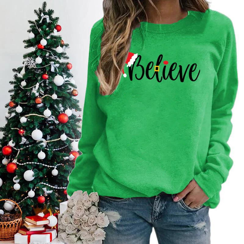 

Christmas Believe Print Sweatshirts For Women Round Neck Pullovers Fashion Graphic Long Sleeves Casual Christmas Sweatshirt