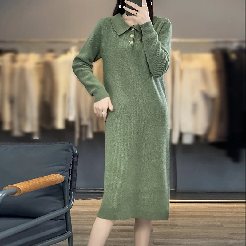 

DjzDsm women Merino 100% wool top POLO neck knitwear fashion thickened over knee long dress 2024 new model