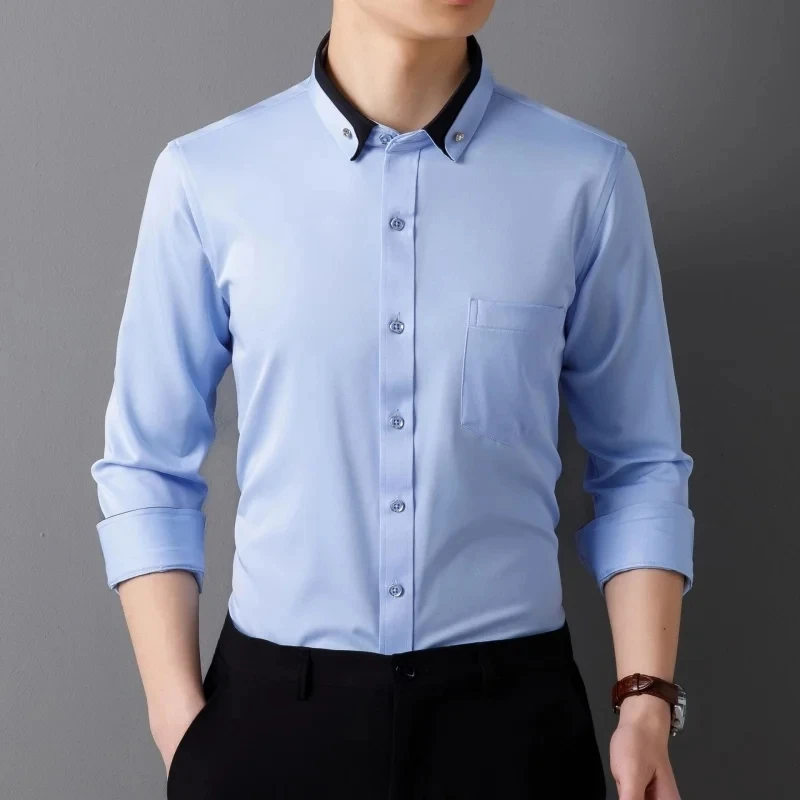 Men's Business Dress Shirts Long Sleeve Pocket Social Party Camisa With Diamond Anti-Wrinkle Button Down White Blue Shirt 4XL