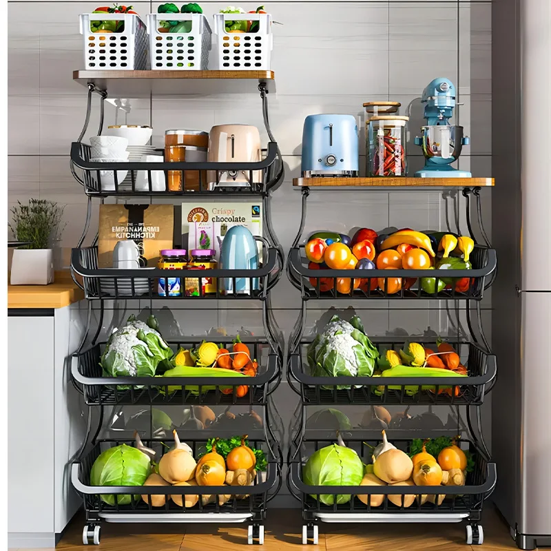 Fruit Basket Kitchen Pantry Organizers Storage Wooden Top Table, Stackable Metal Wire Basket Stand Cart for Fruit Vegetable Jars