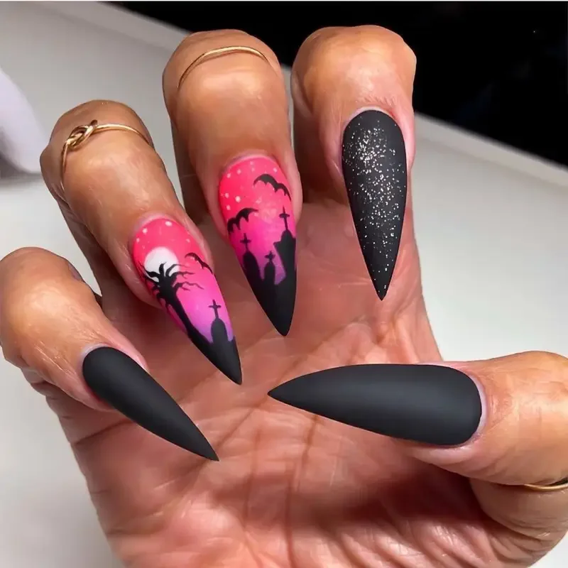 

Halloween Pointed Nail Press On Nail Manicure Patch Nail Dark And Cool Manicure