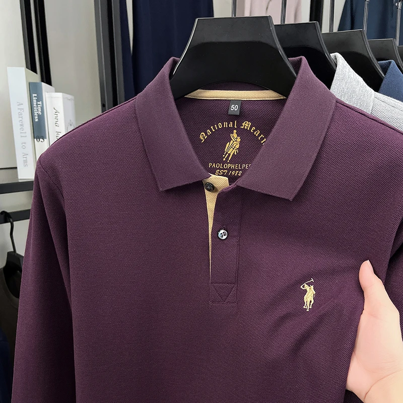 

2025 New 100% Pure Cotton Men's Long Sleeved Polo Shirt Business Casual Lapel T-shirt Autumn Top Men's Embroidery