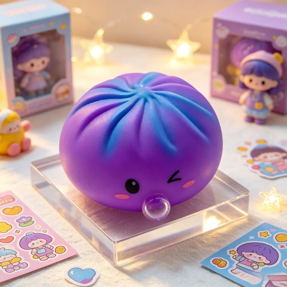 Slow Rebound Simulation Bun Stress Relief Toy, Cute Blowing‑Bubble Fidget Squeeze Toy for Desktop Decoration, Gradient Purple, 1‑Pack