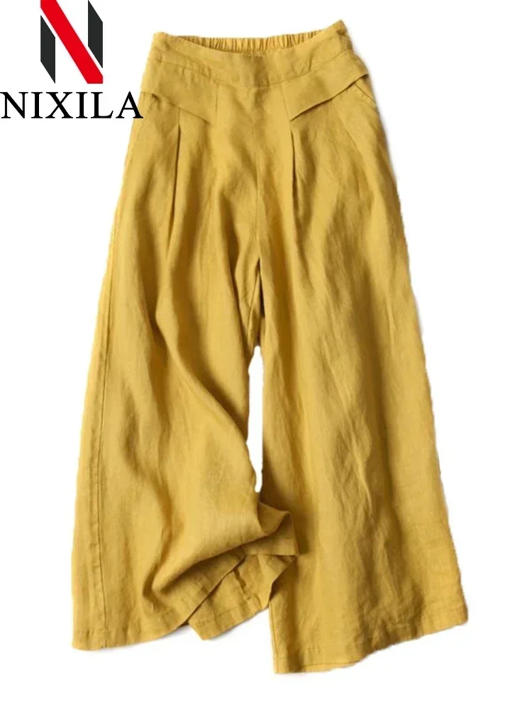 Women's Wide-leg Cotton Linen Pants Spring Autumn Leisure Fashion Knitted Formal Streetwear Elegant Loose Fit Casual Trousers