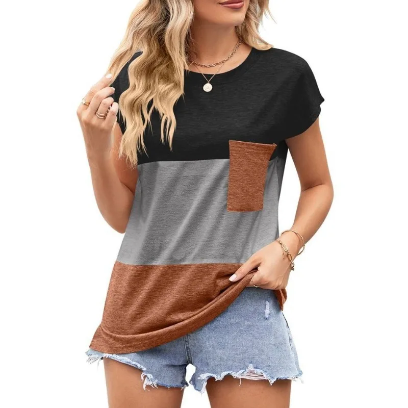 2023เสื้อสวมหัวสีล้วนสำหรับผู้หญิง, เสื้อยืดลายทางเสื้อยืดแฟชั่นลำลองทรงหลวมมีกระเป๋าเสื้อยืดวันหยุดแขนแขนสั้นคอกลมฤดูร้อน