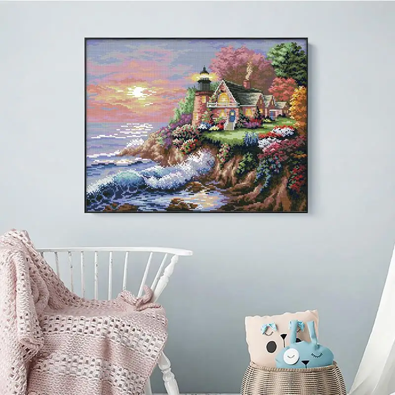 Seaside Lighthouse Cross Stitch Set Aida 14CT Counted 16CT 11CT Stamped Fabric Needlework Embroidery Kits DIY Living Room Decor